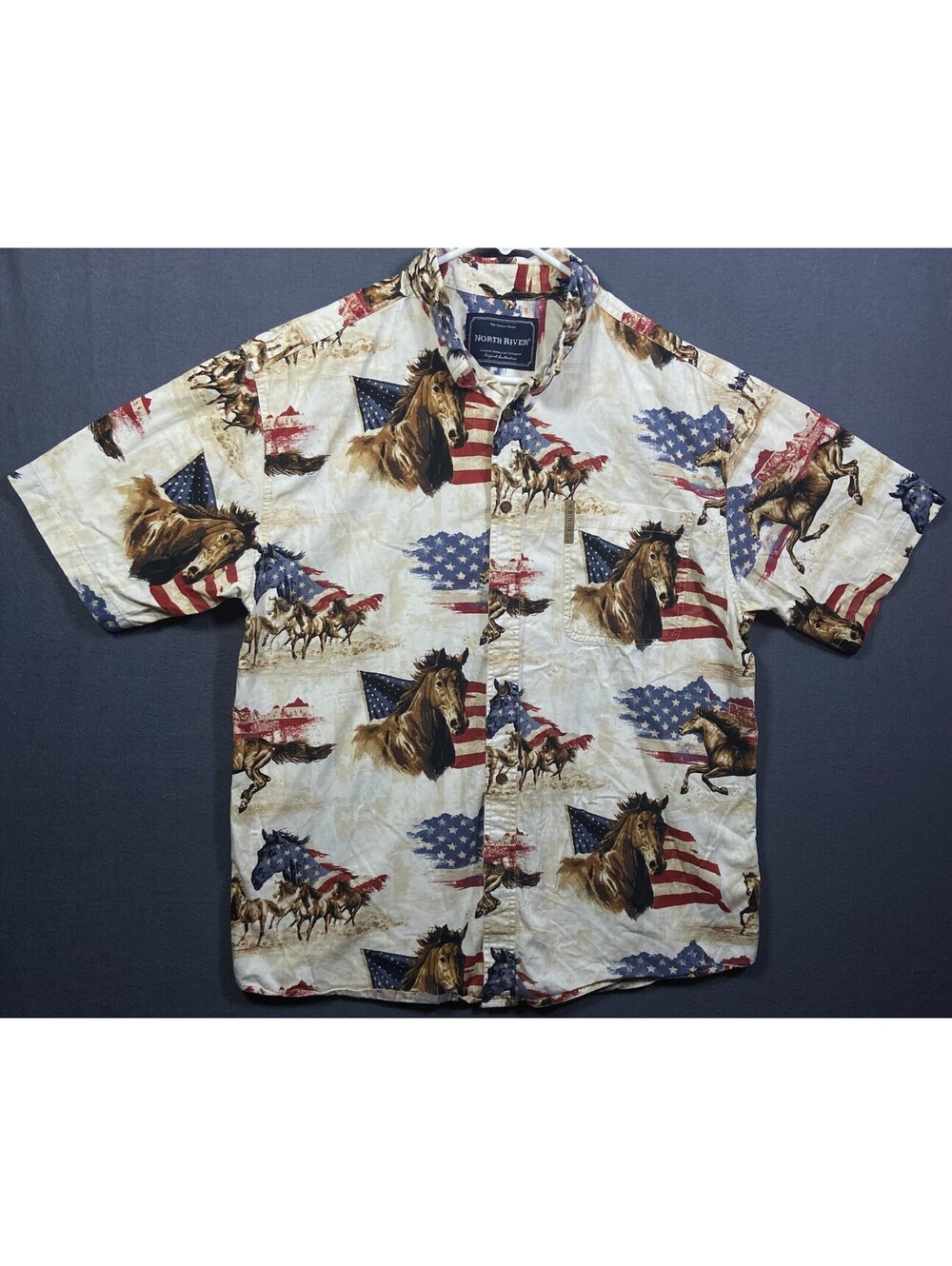 North River American Flag & Horses Shirt Men's Large Patriotic Horse Racing USA